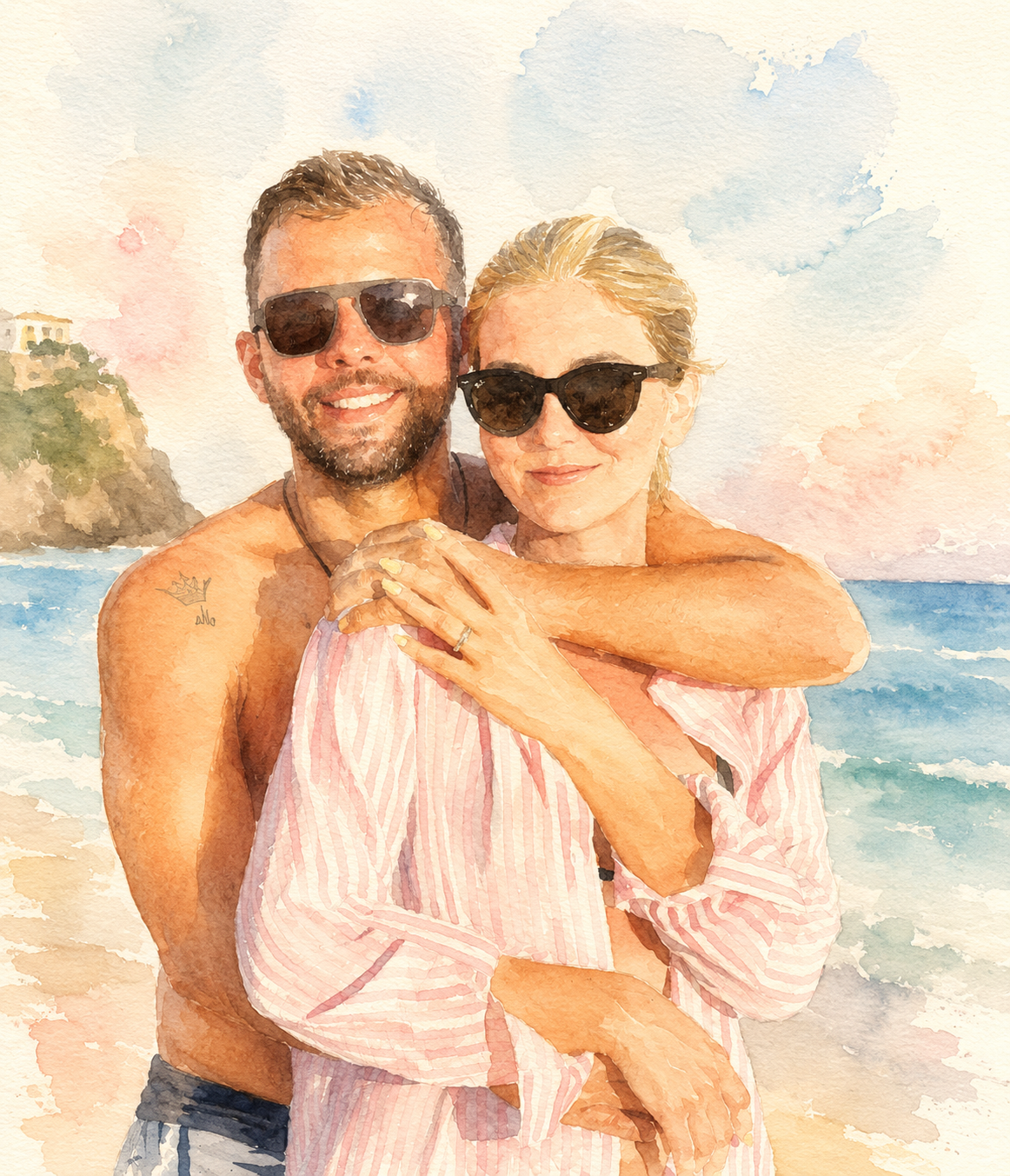 Diego y Raisa en la playa, ilustración en acuarela